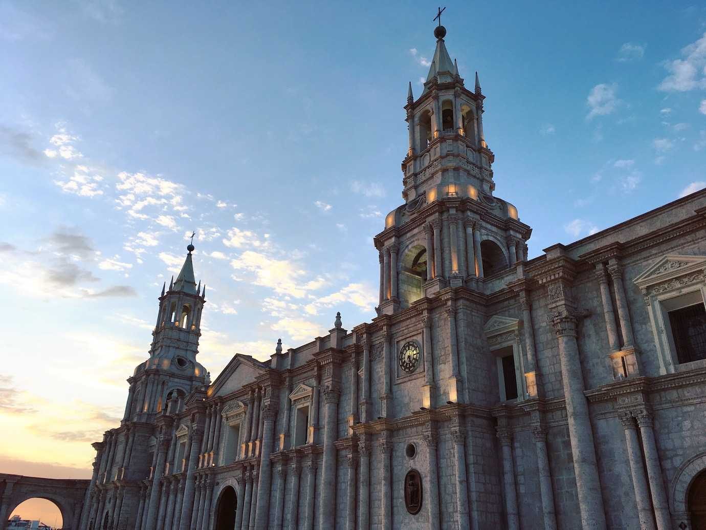 Arequipa's cathedral at dusk. Exploring Arequipa