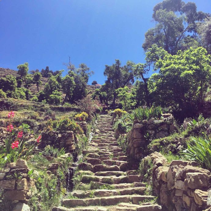 Overview of Lake Titicaca. Steeps steps on Isla del sol