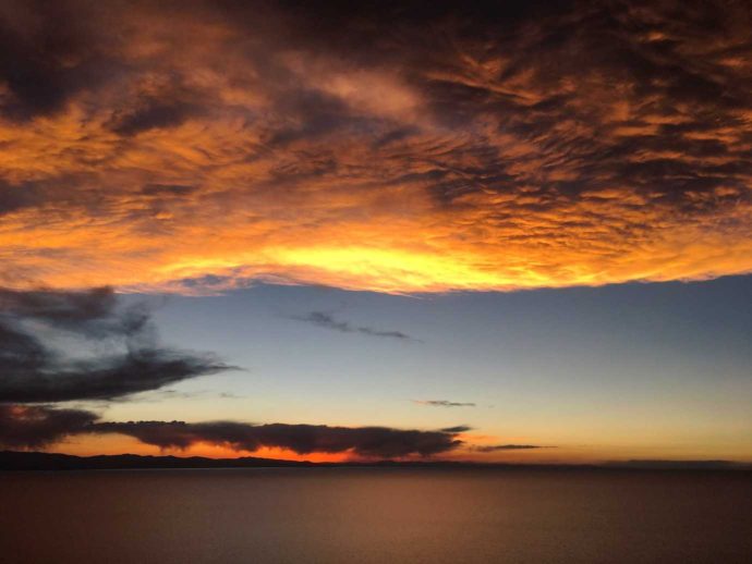 overview of lake Titicaca. sunset over lake Titicaca from cerro calvario