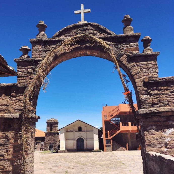 overview of lake Titicaca. taquile island main square arch