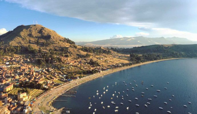 overview of lake Titicaca view of Copacabana from cerro calvario at sunset