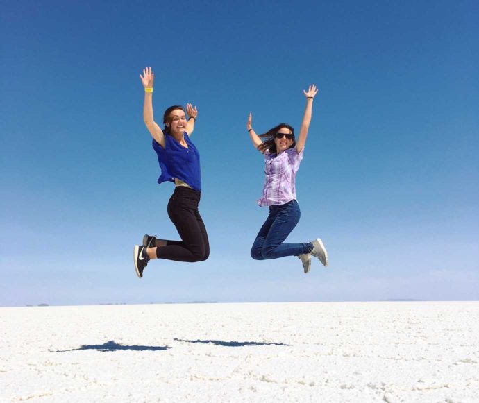 3 day salt flat tour. day 1 me and Rachel jumping