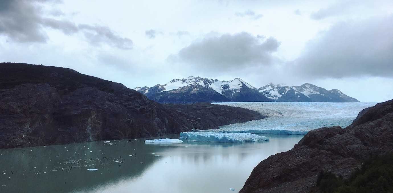 grey glacier at a distance Torres del Paine W trek