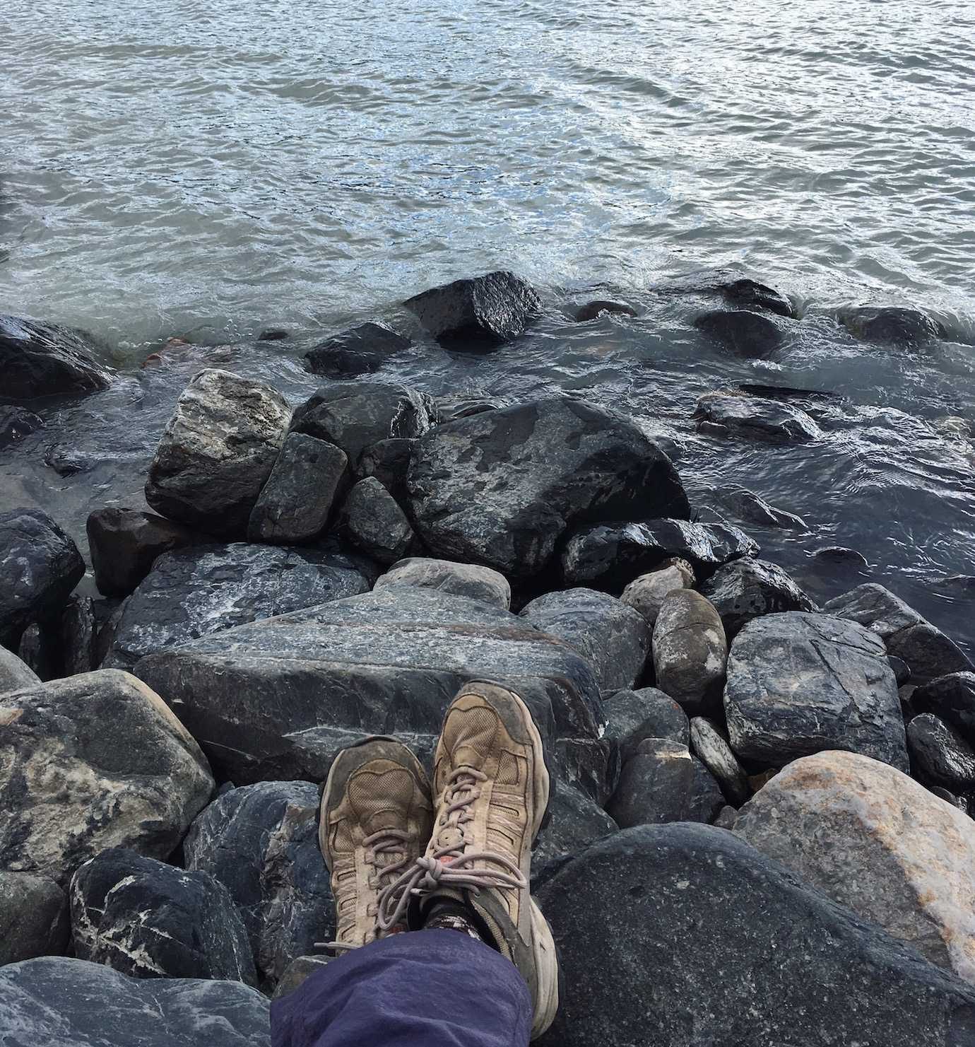 my feet and lake grey Torres del Paine W trek