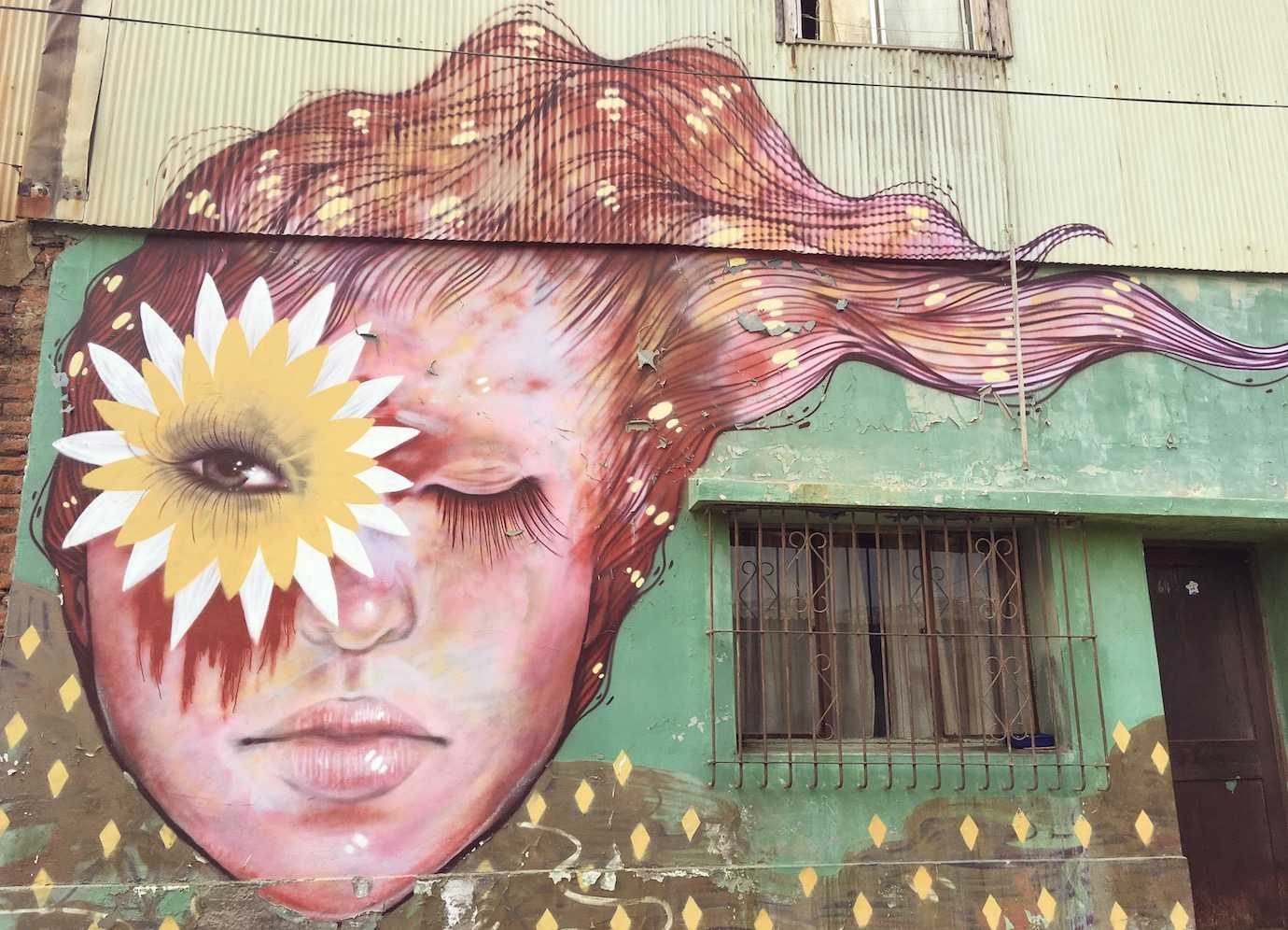 women flower street art valparaiso