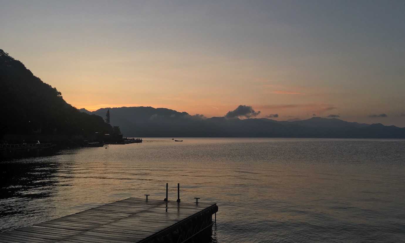 sunrise from free cerveza hostel lake atitlan